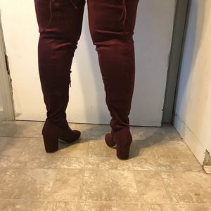Burgundy thigh high velvet boots